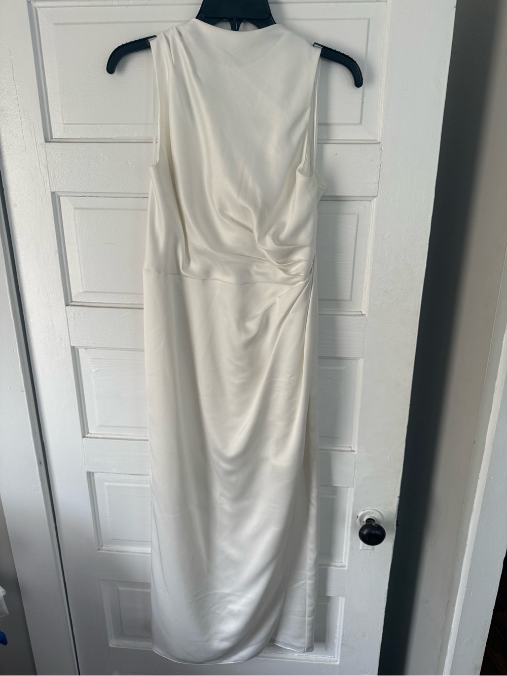 Jenny Yoo Patricia Ivory Satin Midi Dress with Gathered Waist